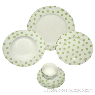 20-piece Dinnerware Set in Round Shape and Dot Design, White Background Green Dot, Super White